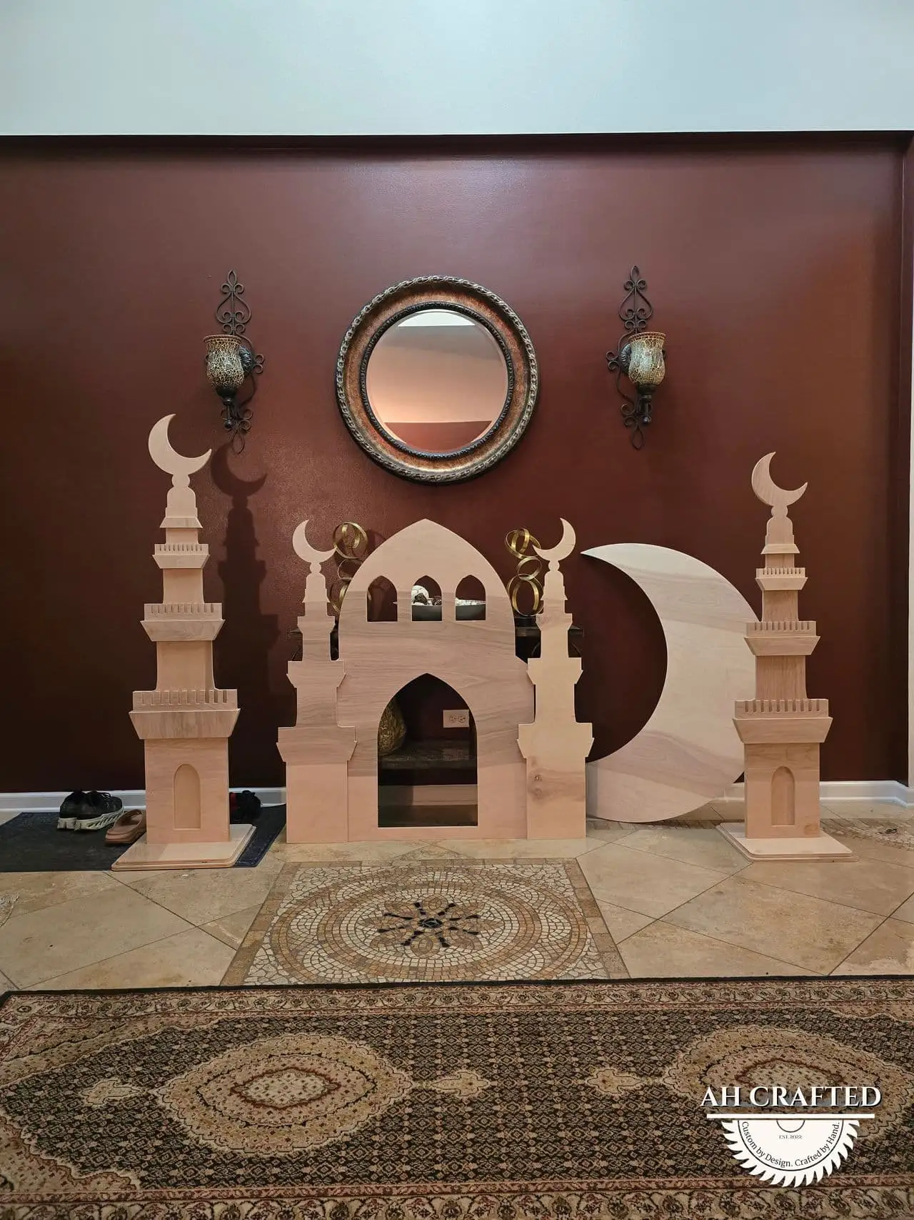 Ramadan Decor — custom minaret towers, domes, and crescents built by AH Crafted.