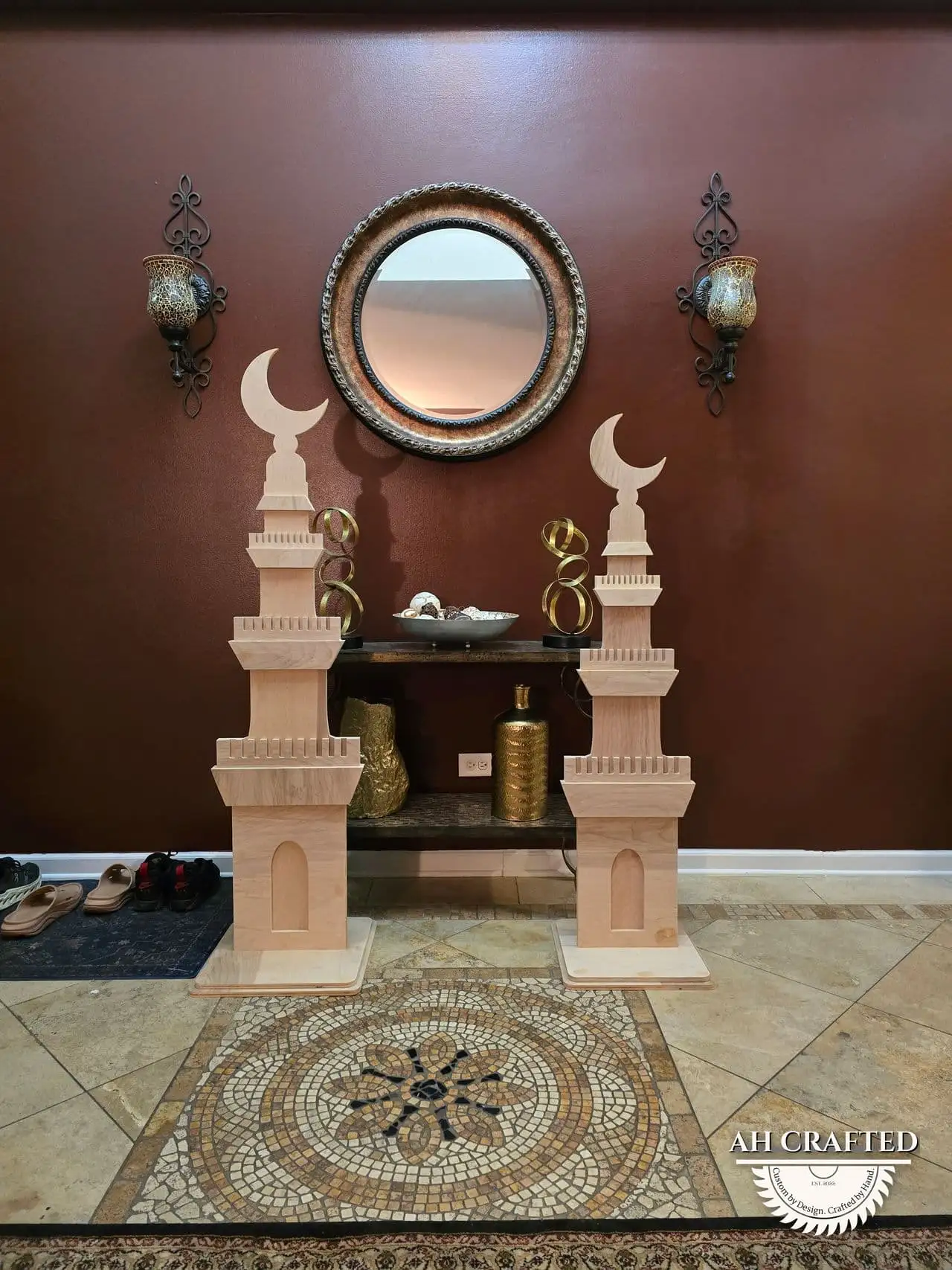 Ramadan Decor — custom minaret towers, domes, and crescents built by AH Crafted.