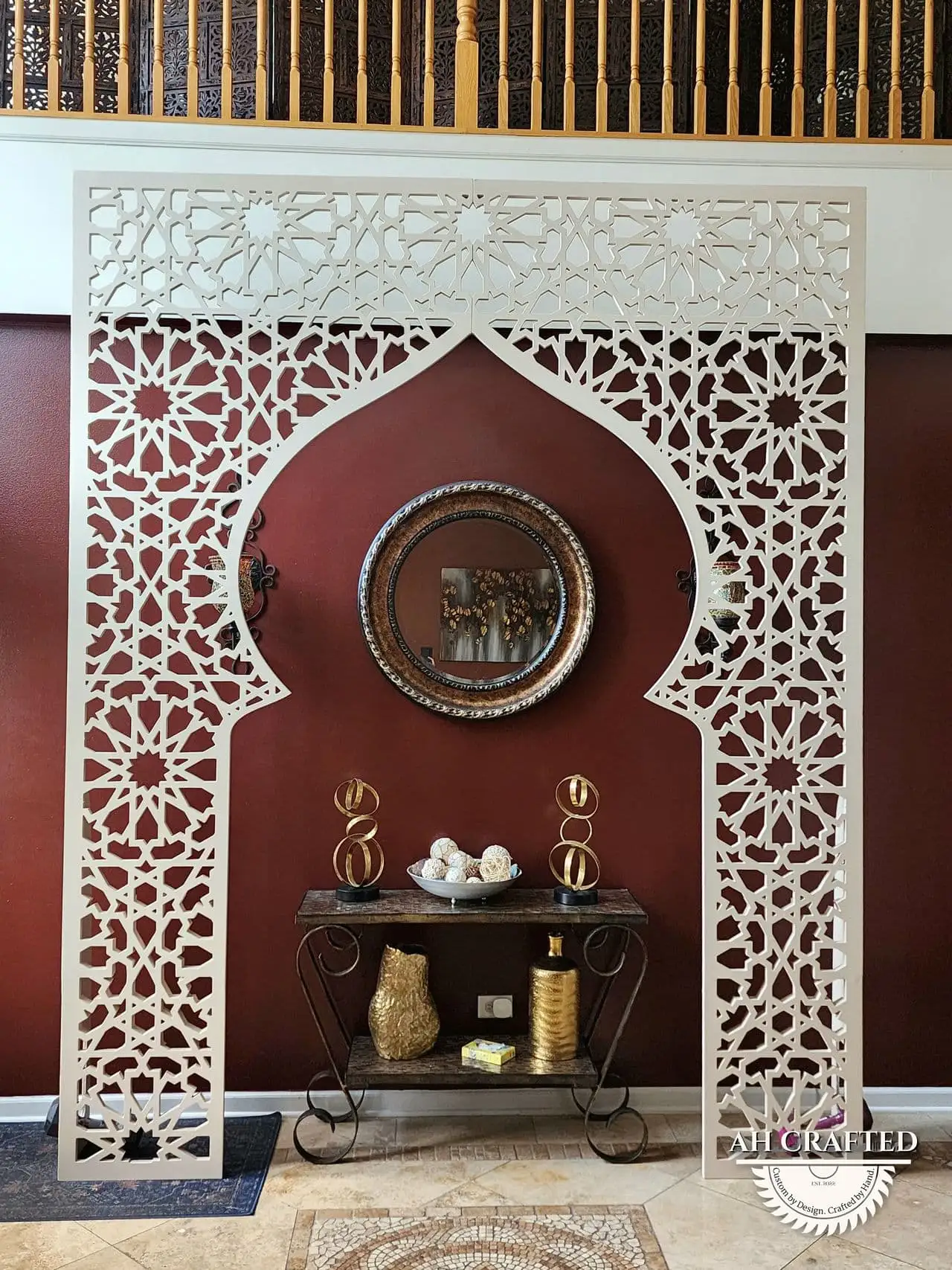 Pearl Matrix Arch — soft-cream CNC cutout boxed panels forming a mihrab arch, built by AH Crafted.