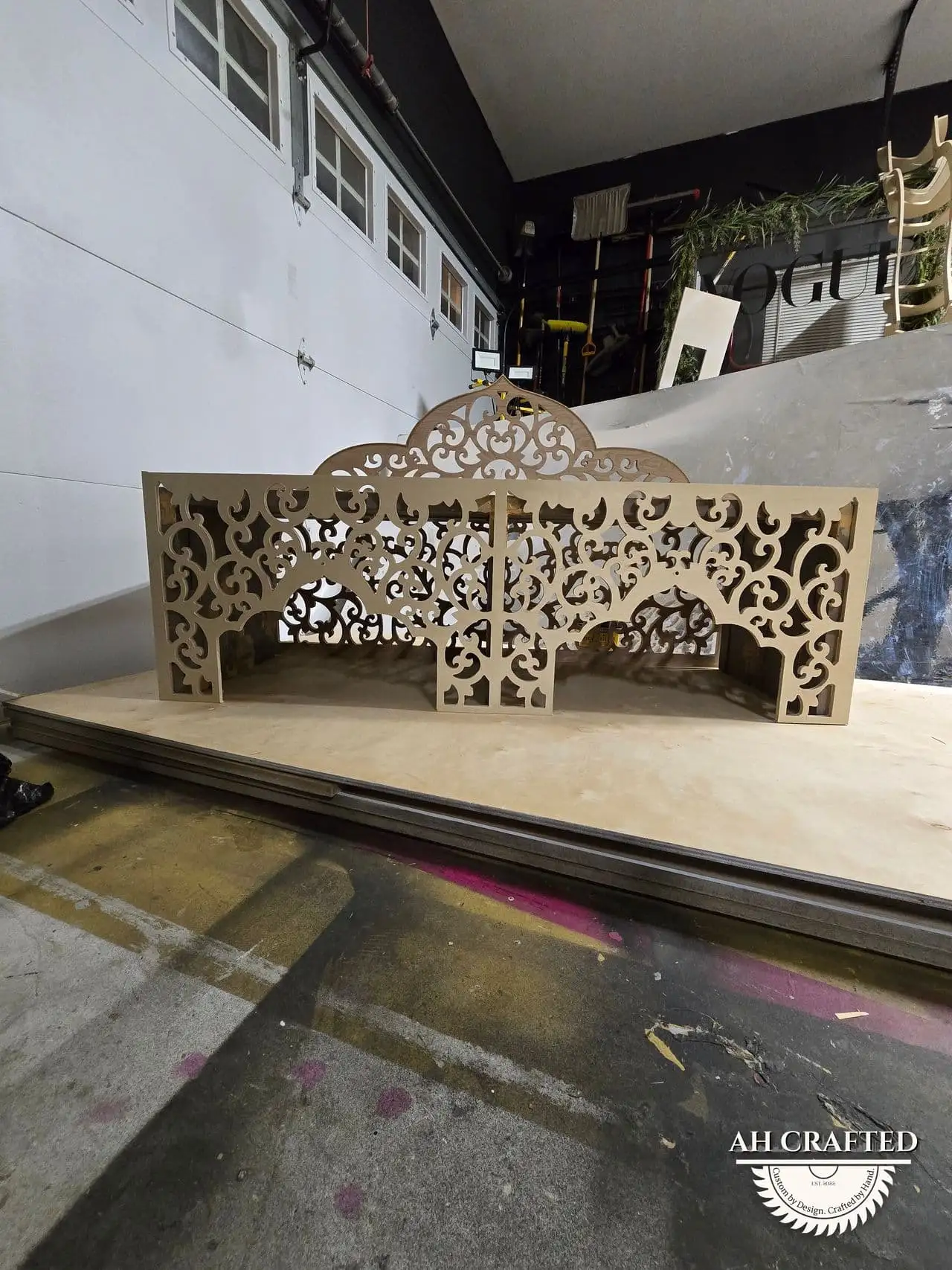 Royal Seating — a custom carved stage settee and gilded side tables built by AH Crafted.