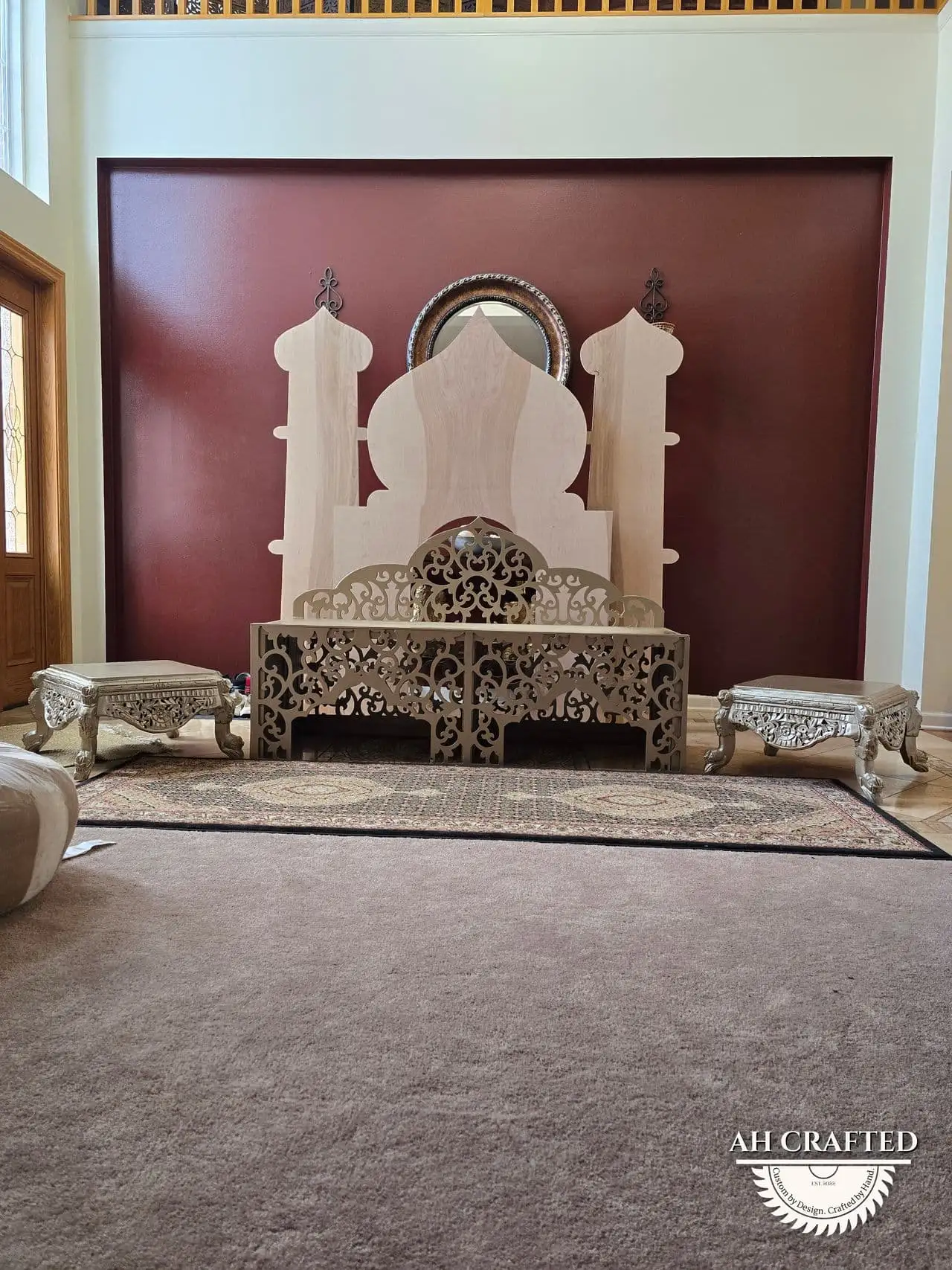 Royal Seating — a custom carved stage settee and gilded side tables built by AH Crafted.
