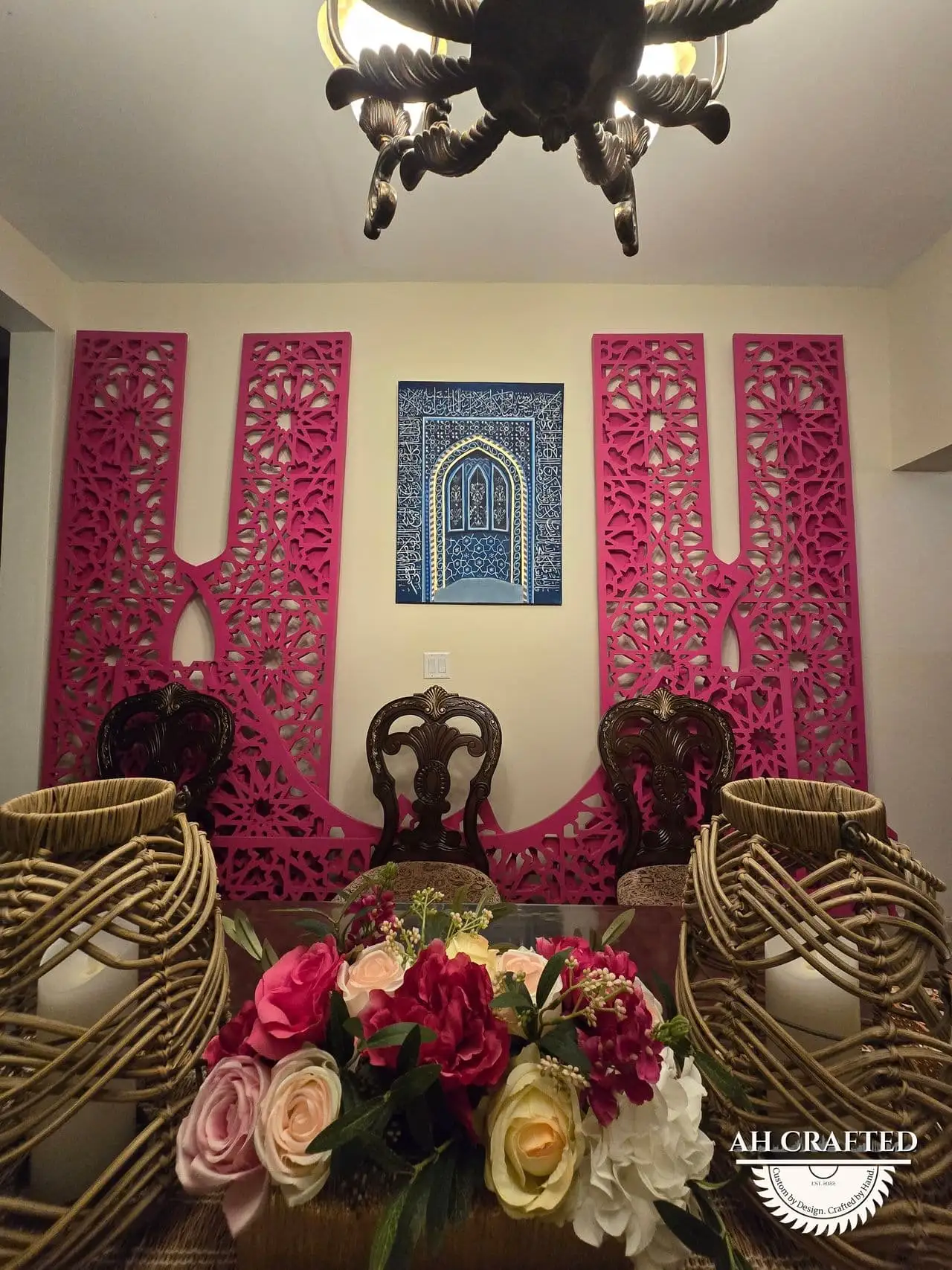 Rani Matrix Arch — rani-pink CNC cutout boxed panels forming a mihrab arch, built by AH Crafted.
