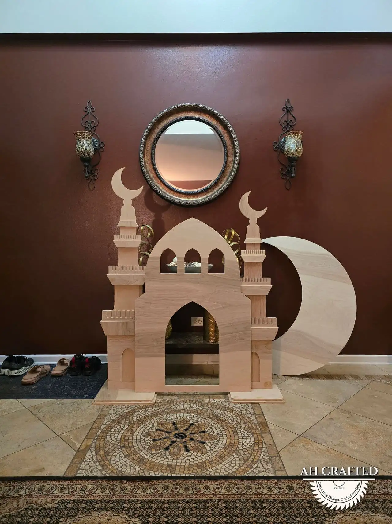 Ramadan Decor — custom minaret towers, domes, and crescents built by AH Crafted.