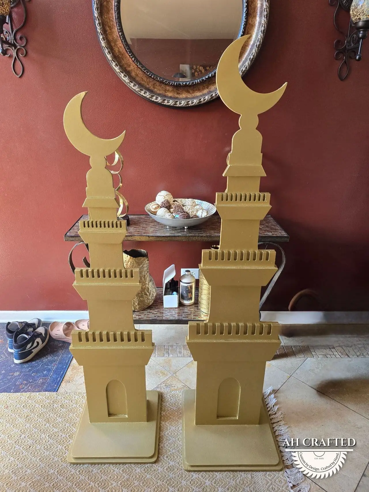 Ramadan Decor — custom minaret towers, domes, and crescents built by AH Crafted.