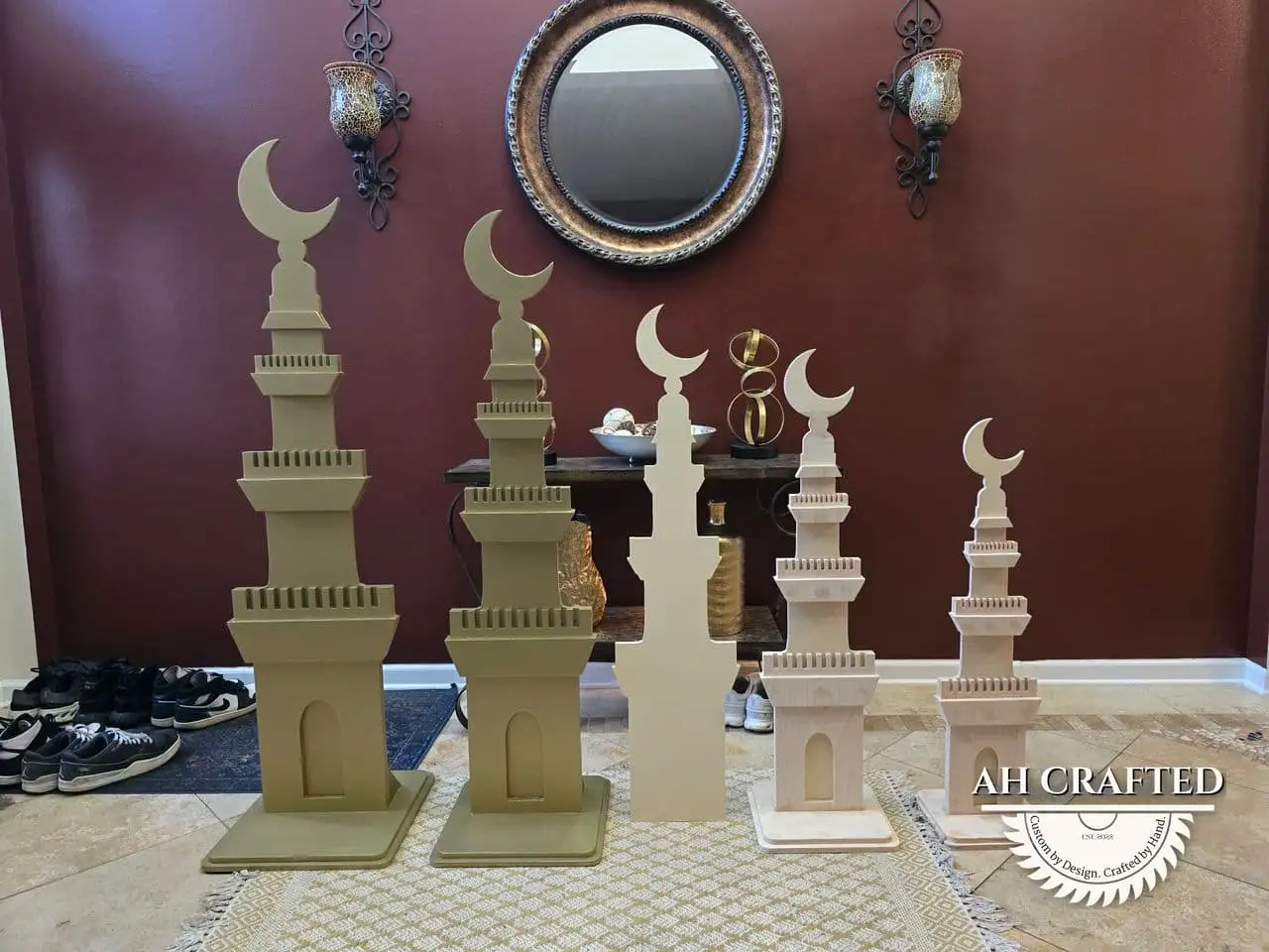 Ramadan Decor — custom minaret towers, domes, and crescents built by AH Crafted.