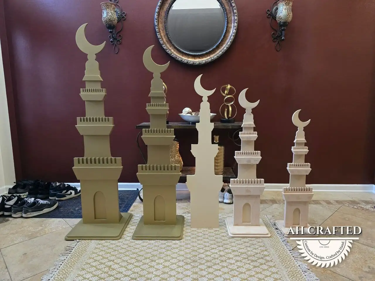 Ramadan Decor — custom minaret towers, domes, and crescents built by AH Crafted.