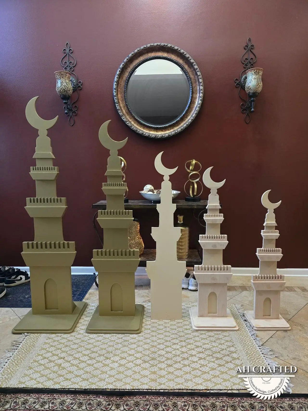 Ramadan Decor — custom minaret towers, domes, and crescents built by AH Crafted.